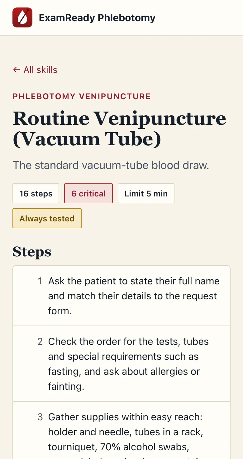 Phlebotomy skill page for Routine Venipuncture on a phone with numbered steps and critical steps flagged